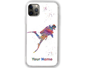 Könnte beinhalten: Eine transparente Handyhülle mit einer farbenfrohen Aquarell-Illustration eines Tauchers. Der Text "Your Name" ist auf der Hülle aufgedruckt.