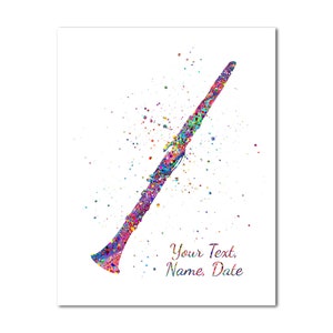 May include: Watercolor painting of a clarinet in shades of purple, blue, yellow, and pink. The musical instrument is depicted with a splattered paint effect. The text "Your Text, Name, Date" is written in cursive at the bottom right.