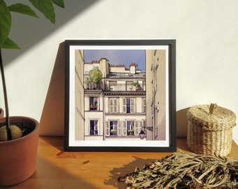 Parisian courtyard - Illustration of urban landscape of Paris for interior wall decoration, giclée art poster A3 and A4 square format