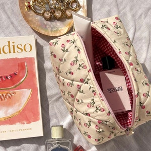 Handmade Makeup Bag Cream Rose Floral Pattern With Red Gingham Lining Quilted- Toiletry Travel Makeup Skincare Bag