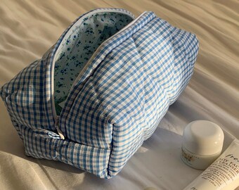 Handmade Makeup Bag  Blue Gingham With Blue and White Floral Lining Quilted - Handmade In The UK – Toiletry Travel Makeup Skincare Bag.