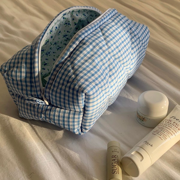 Handmade Makeup Bag  Blue Gingham With Blue and White Floral Lining Quilted - Handmade In The UK – Toiletry Travel Makeup Skincare Bag.