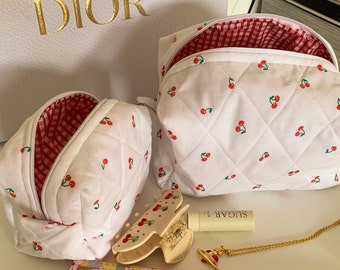 Handmade Makeup Bag Cherry Pattern With Red Gingham Lining Quilted - Handmade In The UK – Toiletry Travel Makeup Skincare Bag