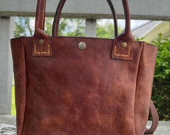 Genuine leather small tote bag with handles and strap, fully lined. Not so tiny tote bag. Leather handbag. Leather purse.