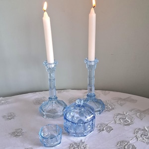 1920s Blue Glass Vanity Set Clifton 4-Piece Art Deco Antique Dressing Candlesticks Dressing Table Set Vintage Trinket Box Candle Holders