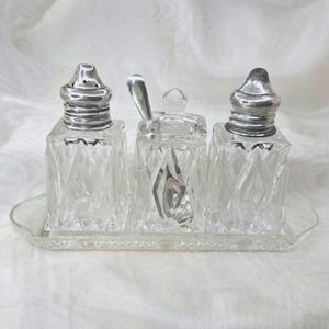 Sterling Silver Art Deco Cruet Set 1930s British Collectible Cut Glass Salt Cellar Mustard Pot Vinegar Shakers Tableware Made in England