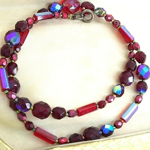 Robijnrode 925 zilveren ketting jaren 1950 kralenketting Aurora Borealis Tsjechische glaskralen ketting choker boho ketting vintage sterlingzilver