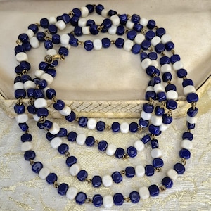Art Deco Necklace Blue and White Glass Bead Necklace 1920s Long Necklace Costume Jewelry Antique Necklace Flapper Style Beaded Necklace