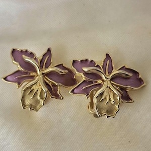 Clip On Floral Earrings Purple Orchid Clip On Earrings Vintage Large Clip-On Earrings Vintage Costume Jewellery Clip On Flower Stud Earrings