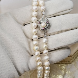 Single String Pearl Necklace with Ruby Clasp, Matinee Length, Hand-Knotted Pearls