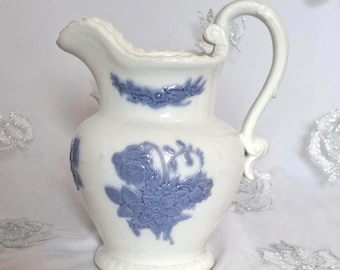 Antiek Staffordshire-aardewerk creamer melkkan Engeland origineel antiek huisdecor bloemen blauw en wit Victoriaans Georgisch Engels China