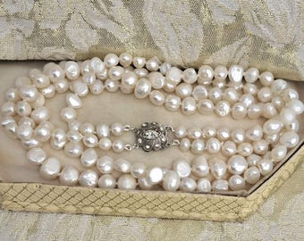 Double Strand Pearl Necklace with Sterling Silver Clasp – Vintage Bridal Jewelry