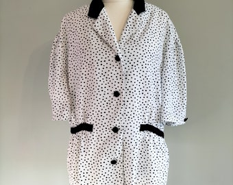 Plus Size Vintage 80s Peplum Blouse Black & White Polka Dot Short Sleeve Button Up