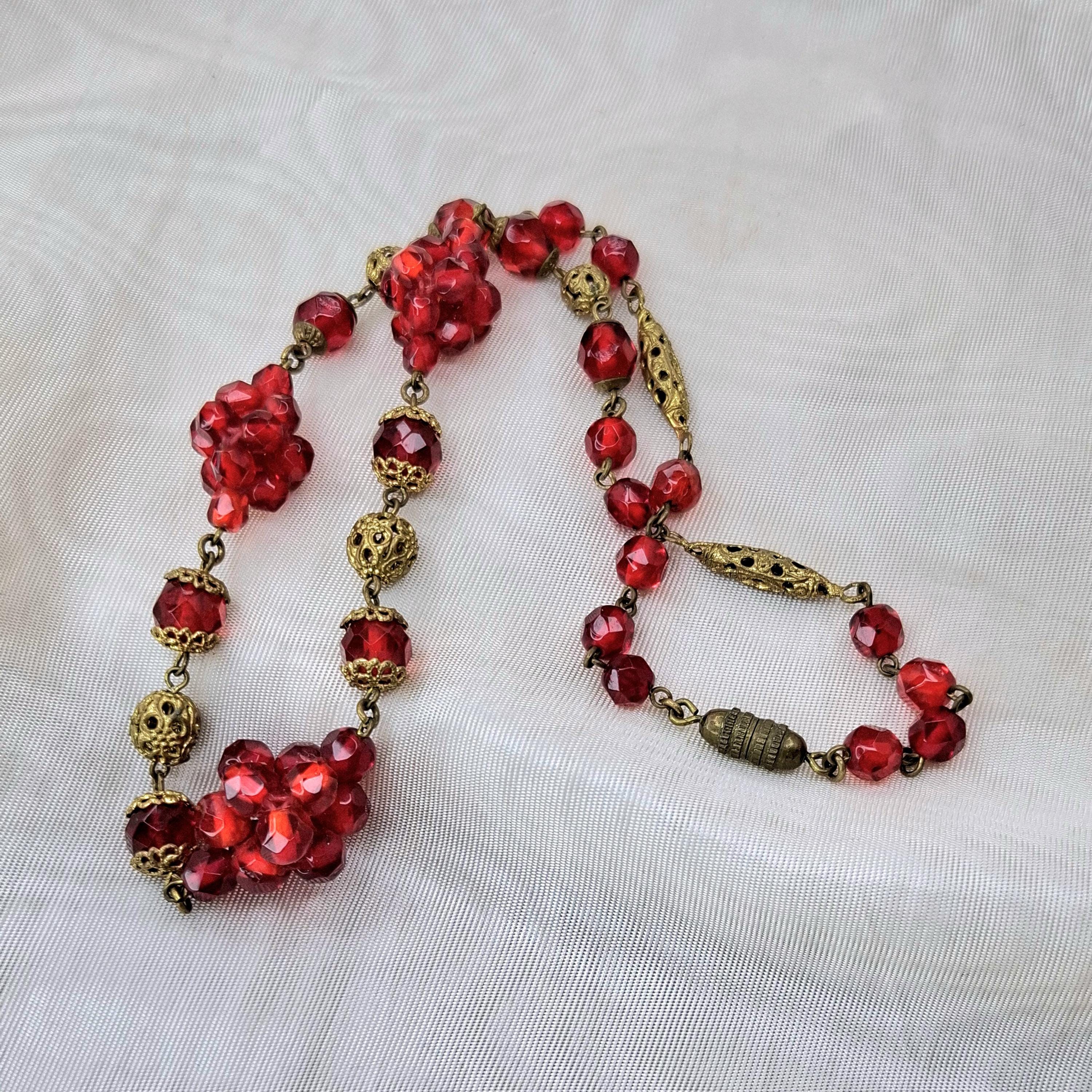 Art Deco Necklace Ruby Red Glass Beaded Necklace 1920s Jewelry 