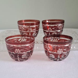 Cordial Glasses Set Vintage Shot Glasses Sherry Glasses Liqueur Glasses Czech Glass Cut to Clear Krömer Port Ruby Red Glass Bohemia Glass