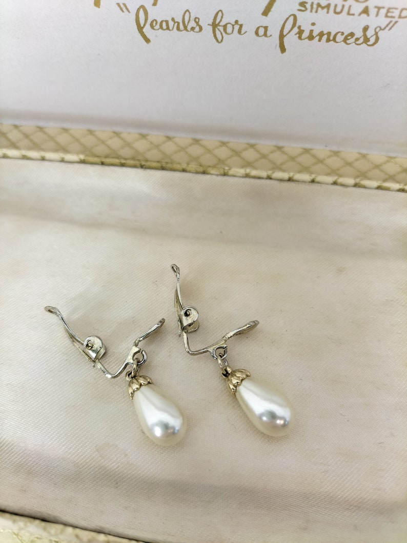Vintage Clip on Pearl Earrings Goldtone Drop Earrings Simple Statement