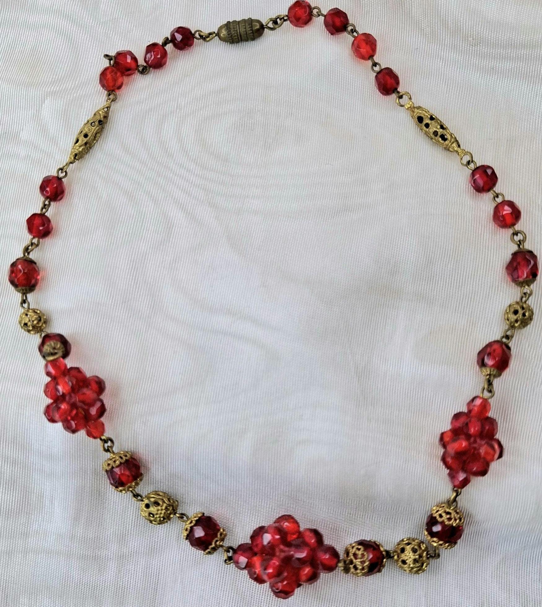 Art Deco Necklace Ruby Red Glass Beaded Necklace 1920s Jewelry 