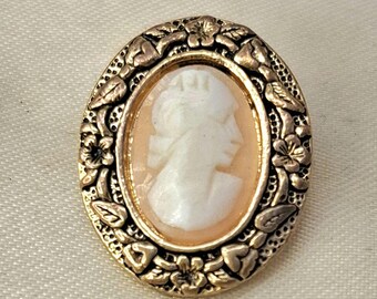 Dainty Oxidized Brass Cameo Pendant Brooch: Hand Carved Shell, Victorian Style (1.2cm)