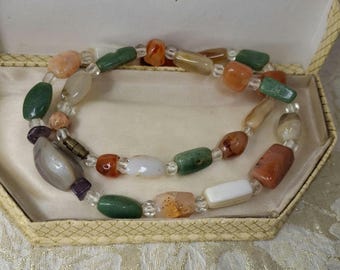 Vintage Bohemian Agate Carnelian Aventurine Quartz Necklace – Mixed Gemstone Jewelry