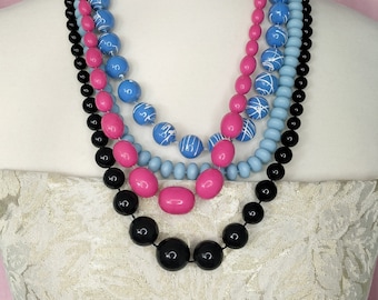 Vintage Beaded Necklaces Blue Beads Pink Beads Black Beads Blue Beads 80s 90s Rave