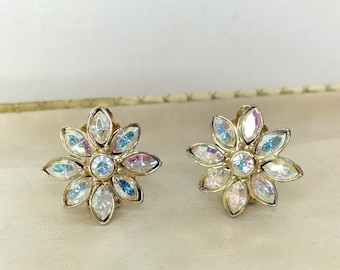 Vintage Clip On Earrings Sparkly 50s Aurora Borealis Flower Earrings Goldtone Statement Earrings