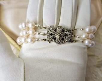 Baroque Pearls Bracelet Sterling Silver Marcasite Clasp Real Pearls Silver Pearl Bracelet for Women Silver Bracelet Handmade Fine Jewellery