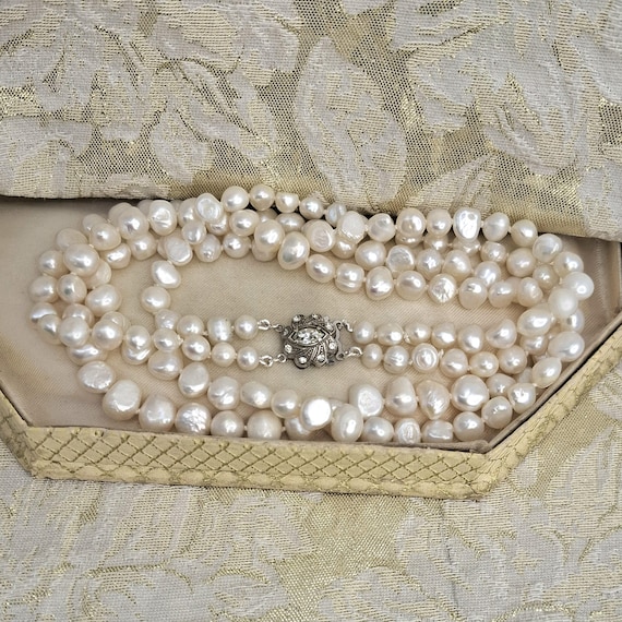 本物の真珠ネックレス スターリングシルバー留め金 ダブルストランド 