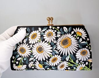 1930s Vintage Clutch Handbag Vintage Handbag with Daisies Black Evening Bag Daisy Handbag Floral Clutch Bag Black Clutch Bag Clutch Purse