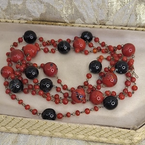 Art Deco Necklace Czech Glass Bead Necklace Flappers 1920s 1930s Orange and Black Glass Beaded Necklace Long Necklace Roaring Twenties