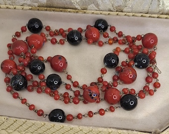 Art Deco Necklace Czech Glass Bead Necklace Flappers 1920s 1930s Orange and Black Glass Beaded Necklace Long Necklace Roaring Twenties