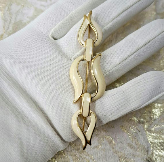 Vintage Monet Brooch Modernist Signed Designer Brooch Cream Gold