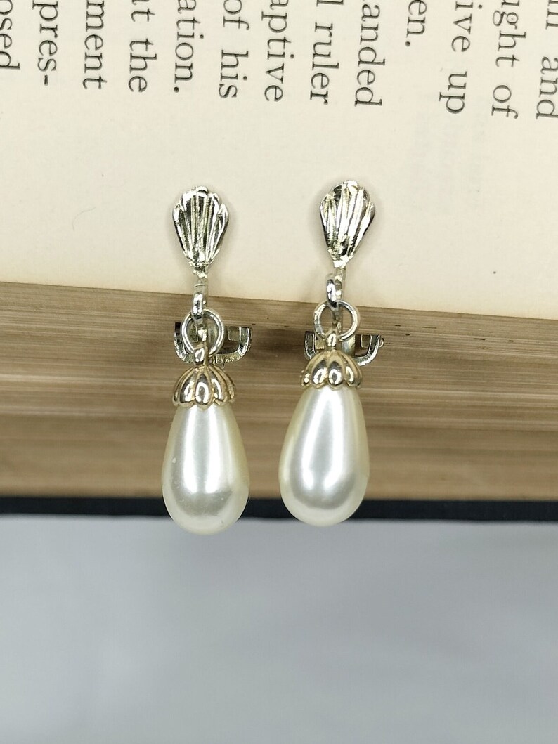 Vintage Clip on Pearl Earrings Goldtone Drop Earrings Simple Statement