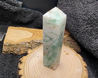 Natural Green & White Fluorite Crystal Tower: Healing Stone Decor