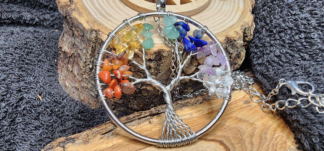Handcrafted 7 Chakra Tree of Life Pendant - Wire Wrapped Gemstone Chips ...
