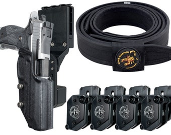 Drop & Offset Competition Rig - IPSC, USPSA Approved - incl. Holster, Competition Belt and 4 Mag Pouches - Pick your firearm and Belt Size