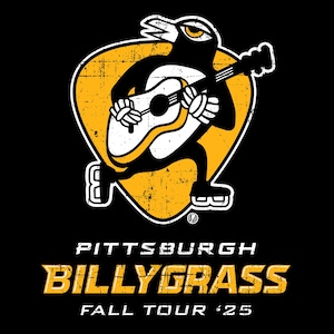 May include: Black t-shirt featuring a distressed graphic of a bird playing a guitar inside a yellow and white shield. Text at the bottom reads "PITTSBURGH BILLYGRASS FALL TOUR '25". The design has a vintage, worn look.