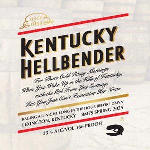 May include: A label for "Kentucky Hellbender" with text in black and gold, set against a background of wooden barrels. The label includes the text "Since 1833" and "33% ALC/VOL (66 PROOF)".