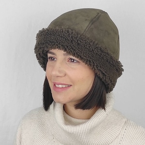 Unisex beanie hat . Olive-haki Suede beanie hat , natural lambskin hat , practical and beautiful winter hat , a great winter companion