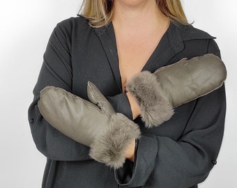 Handmade Sheepskin Mittens, Dark Olive, Unisex Winter Gloves