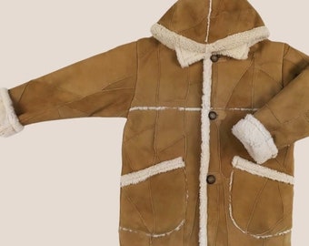 Unisex Suede Camel Sheepskin Jacket , lambskin winter coat for boys & girls. Along with the jacket a pair of mittens comes as a gift
