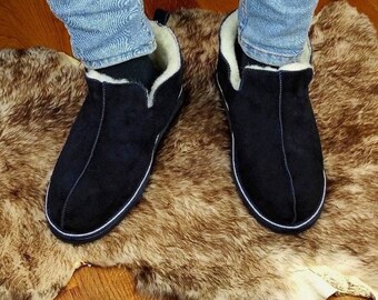 Navy Blue Sheepskin Men Boots , fantastic boots for men , nice fit , warm winter slippers , gift for him , sheepskin boots for indoor use