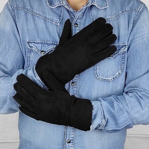Black sheepskin gloves , winter gloves for men , suede lambskin gloves , great fit , warm gift , winter gloves