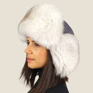 Blue Fox Fur trapper hat , fishbone fur trapper hat that amaze , woolen fur hat, winter hat.
