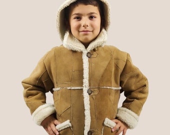 Veste unisexe en daim et peau de mouton camel, manteau d'hiver en cuir d'agneau pour garçons et filles. Une paire de mitaines est fournie avec la veste