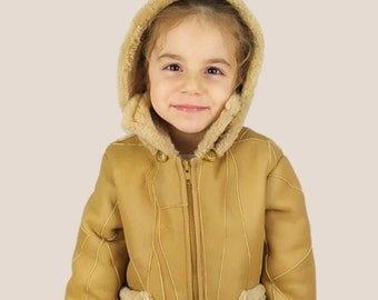 Napalan Beige Sheepskin Jacket For Girls . Lambskin patchwork coat for girls , great fit , super warm and light
