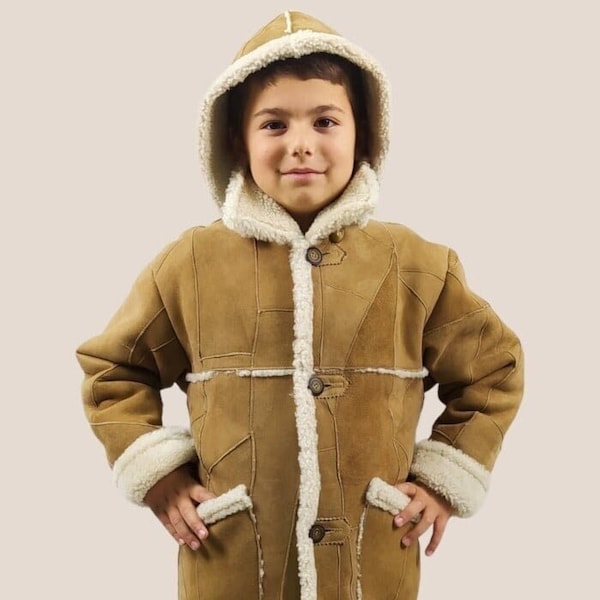 Veste unisexe en daim et peau de mouton camel, manteau d'hiver en cuir d'agneau pour garçons et filles. Une paire de mitaines est fournie avec la veste