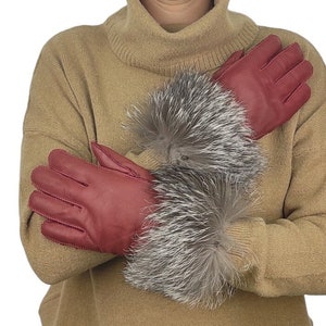 Red burgundi Sheepskin leather gloves with silver fox Fur . Elegant gloves for women . Gift idea for her. Winter gloves