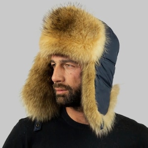 Marine Blau Waschbär Trapper Mütze, Pelzmütze für Männer, Wintermütze mit Ohrenklappen, Pelzmütze, tolle Passform, Geschenkidee für Ihn