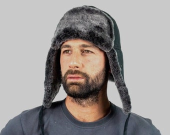 Black Suede Sheepskin Aviator Hat, Trapper Hat with Earflaps