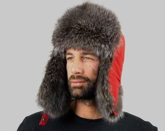 Fur hat. Red Satin trapper hat , fur hat for men, winter hat , fur hat with earflaps , great fit , fantastic gift idea